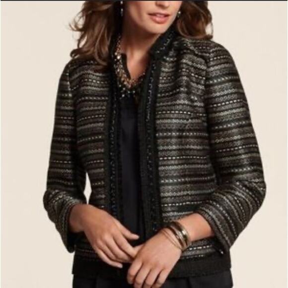 Chico's Sz 1 US 8 Royal Tweed Black Gold Metallic Fringe Trim Open Jacket Blazer - Picture 1 of 14